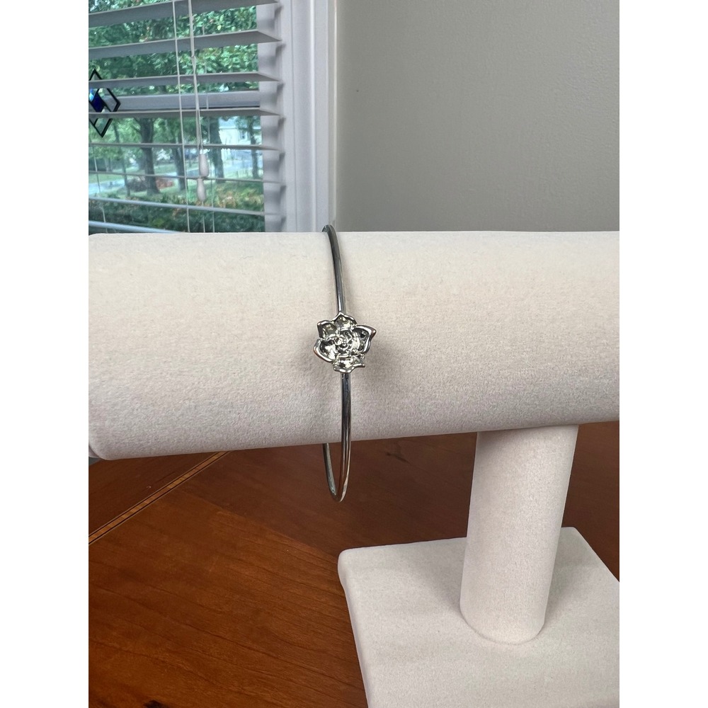 Silver Tone Rose Floral Bangle Bracelet Minimalist Stackable Jewelry